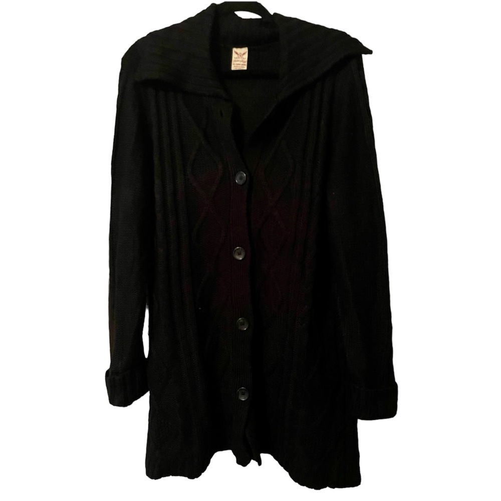 Faded Glory Plus Size black cable Knit button up sweater pockets 2X (18W-20W)